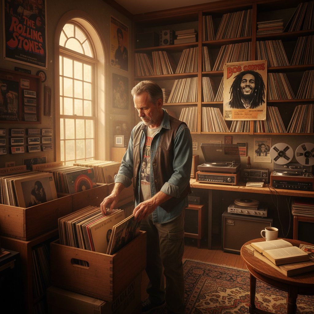 Tobias Kirchner, bearded vinyl collector in his forties looking thoughtful