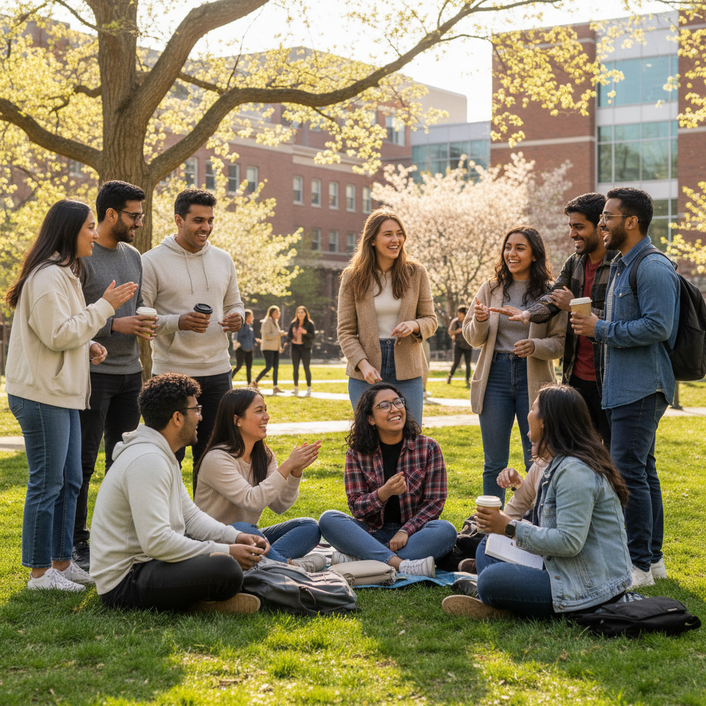 Diverse group of international students studying together outdoors on a bright sunny campus, books and laptops open, warm natural daylight, lush green grass