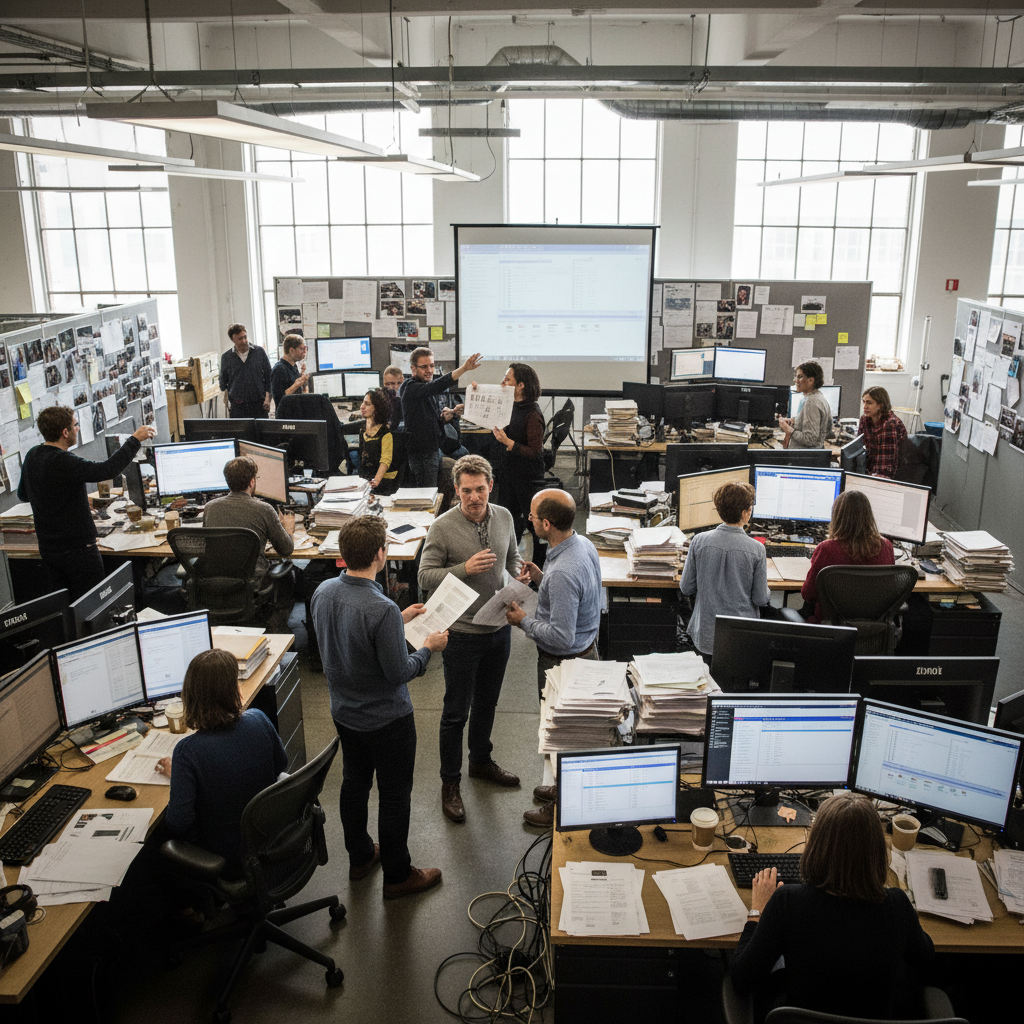 Busy newsroom at golden hour with journalists working at desks