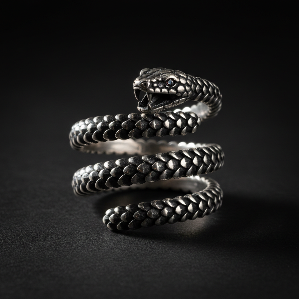 Mortis coil ring oxidised silver coiled serpent form on black surface