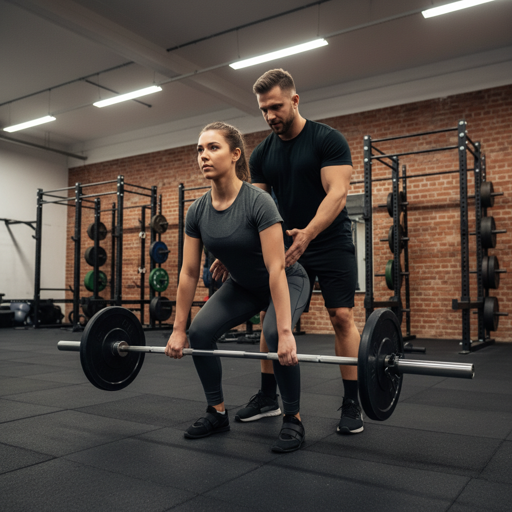 Coach guiding an athlete through a deadlift setup in a focused semi-private training environment