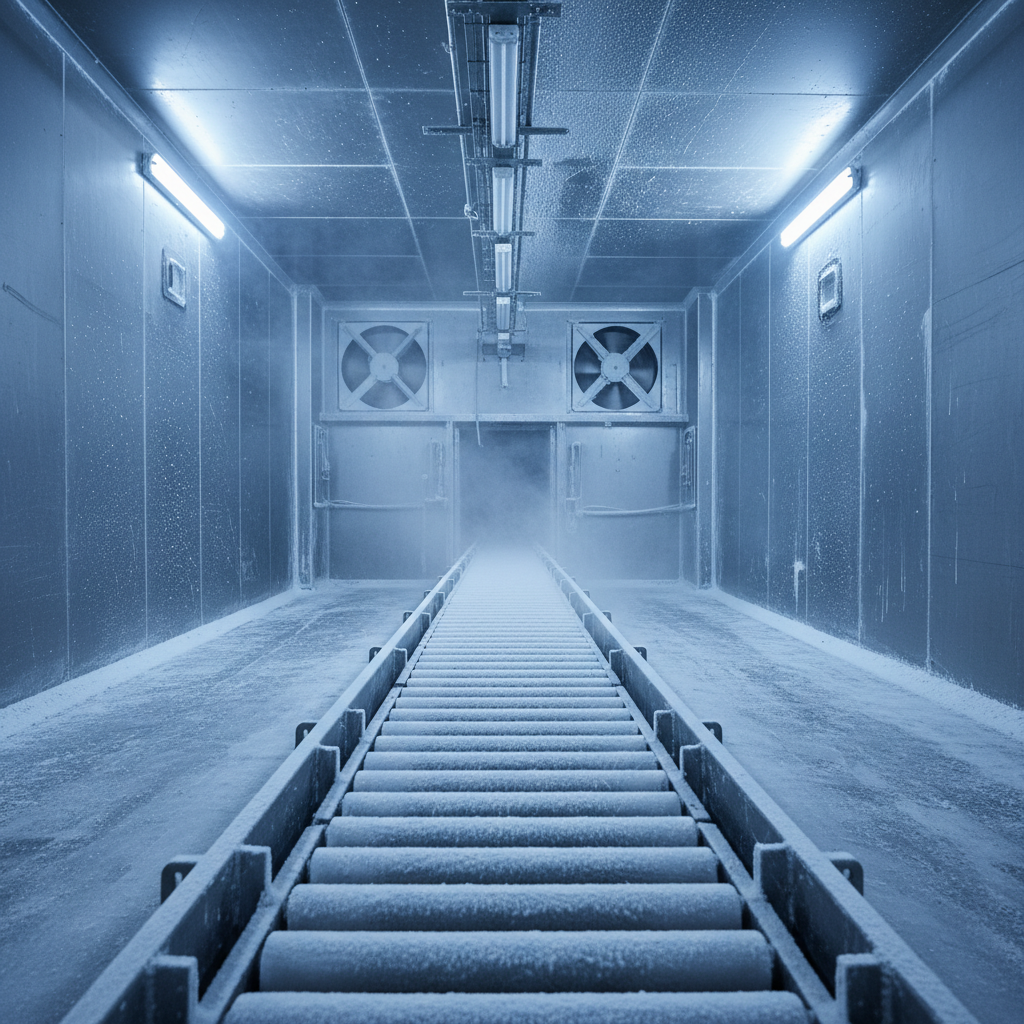 Industrial blast freezer tunnel interior with conveyor belt and blue-white halogen lighting and frost vapor