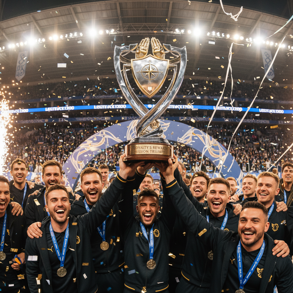 Team celebrating achievement with trophy representing loyalty mission rewards