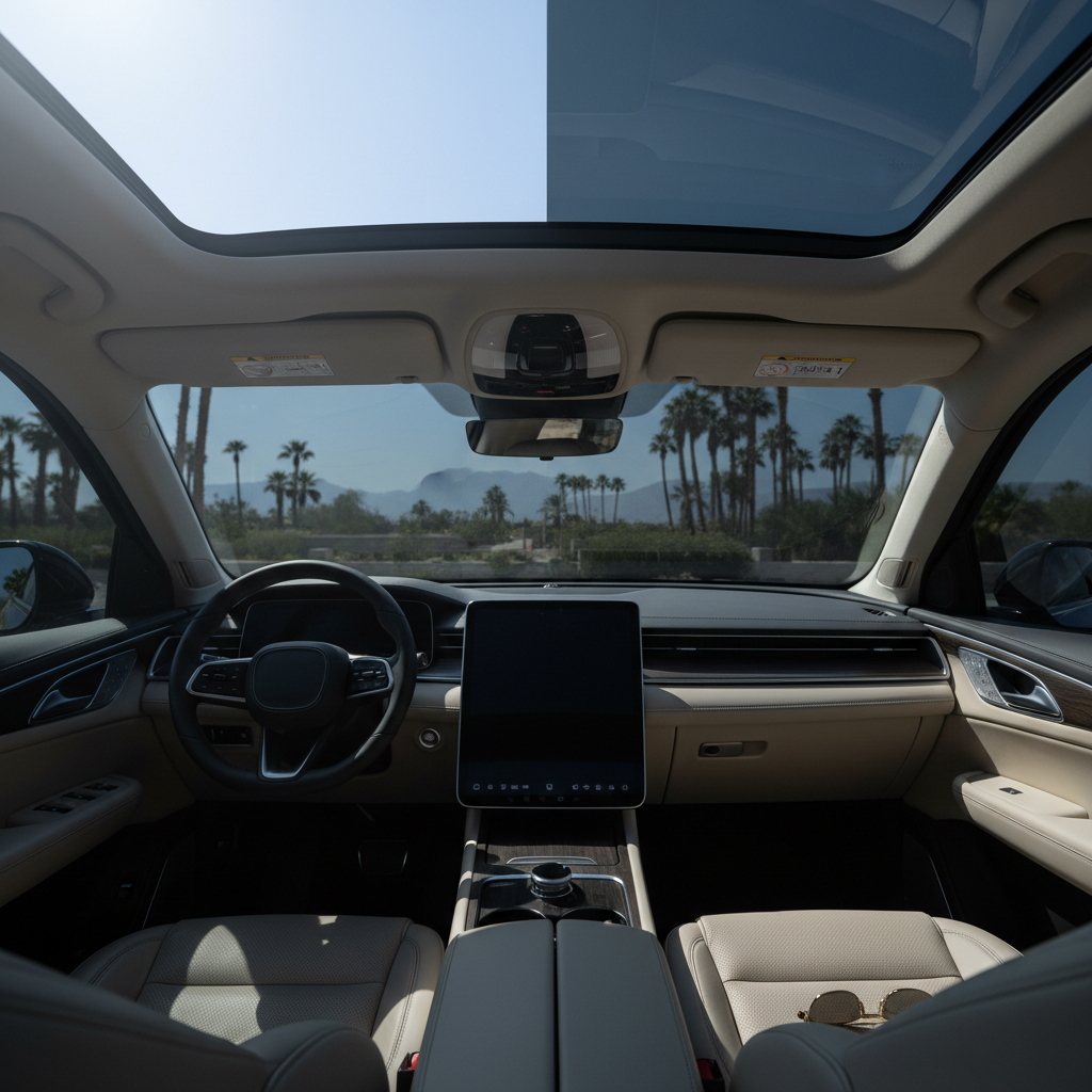 Clean car interior with vacuumed seats and wiped dashboard, door open in a sunny outdoor setting