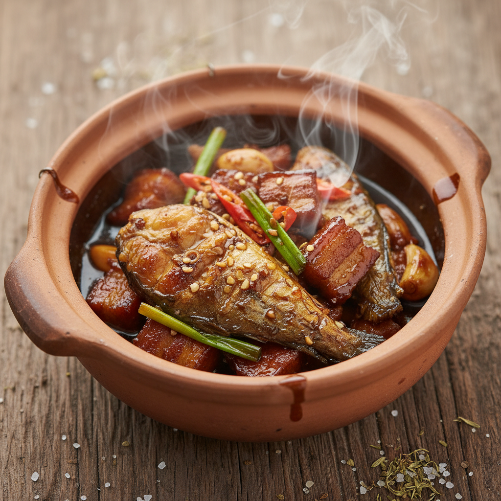 Clay pot fish caramelizing in dark sauce over open flame, mid-flip, with visible caramelization and steam