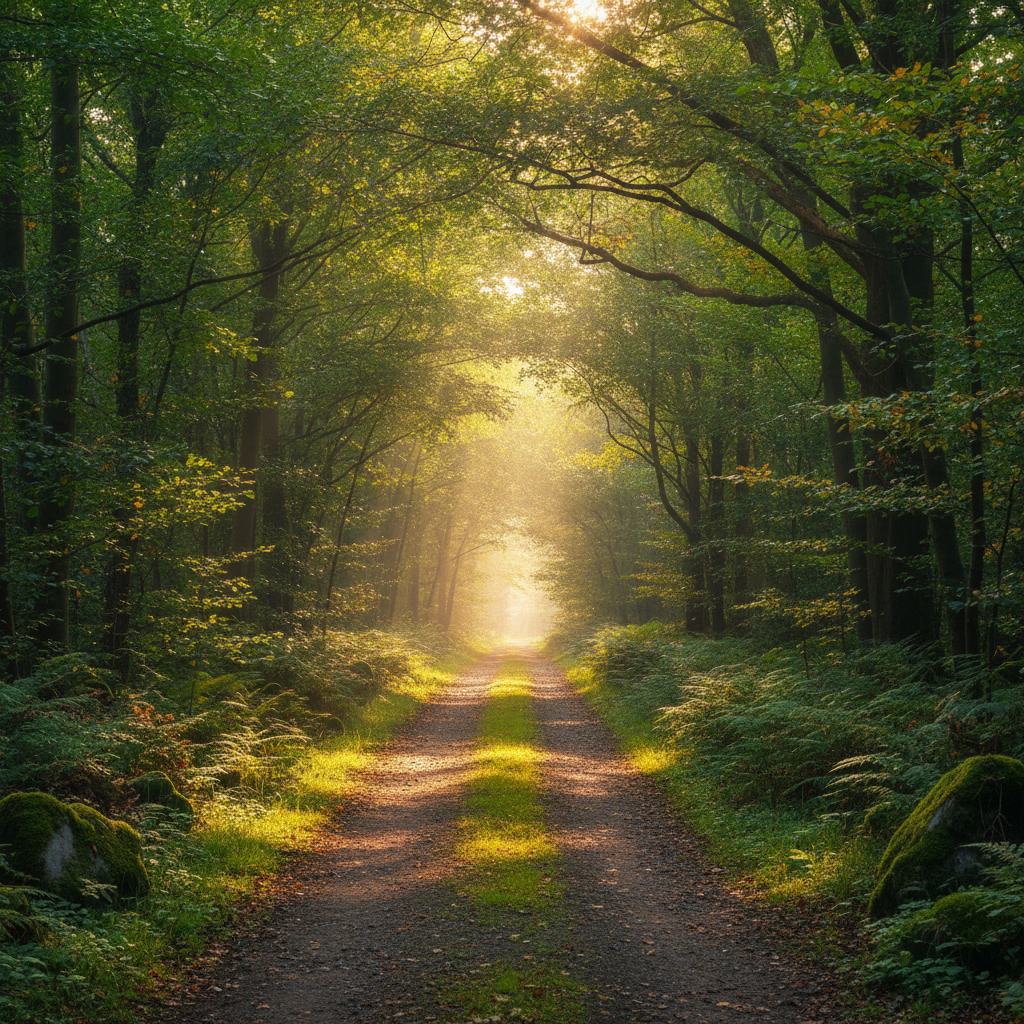 Sunlit forest path with rays of light streaming through tall green trees on quiet morning