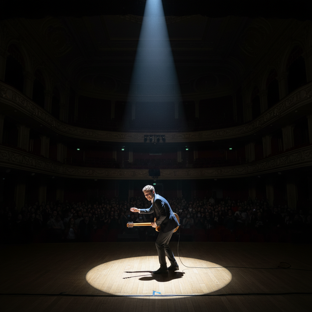 Concert hall performer on stage with single spotlight creating intimate atmosphere in large formal venue