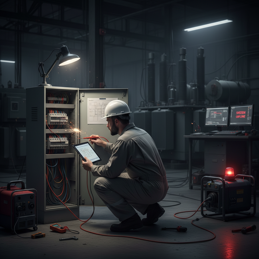 Teknisi listrik profesional sedang mengerjakan panel listrik industri