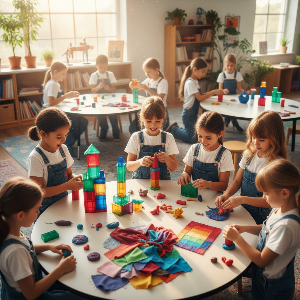 Niños trabajando en taller educativo con materiales coloridos sobre mesa iluminada