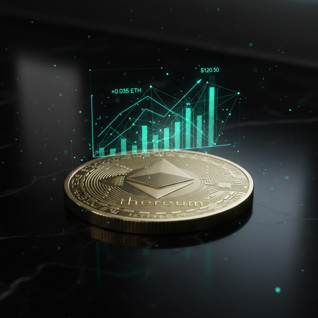 Dark background with glowing green financial growth chart showing upward trend and crypto symbols