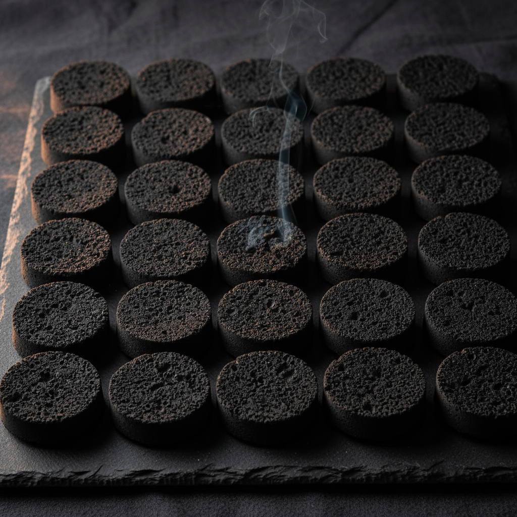 Black bakhoor charcoal discs arranged neatly on dark surface with warm lighting