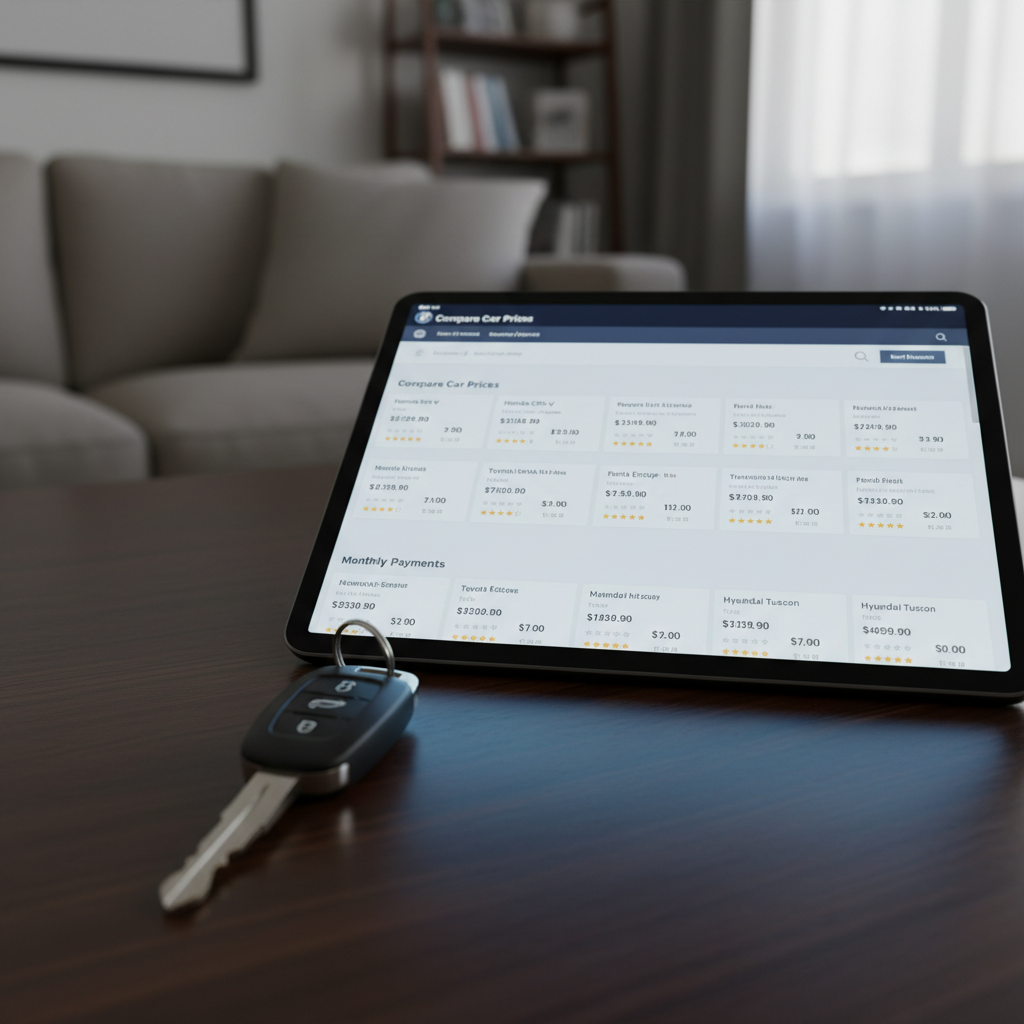 Car keys on a table next to financial documents and a calculator, representing car buying budget planning