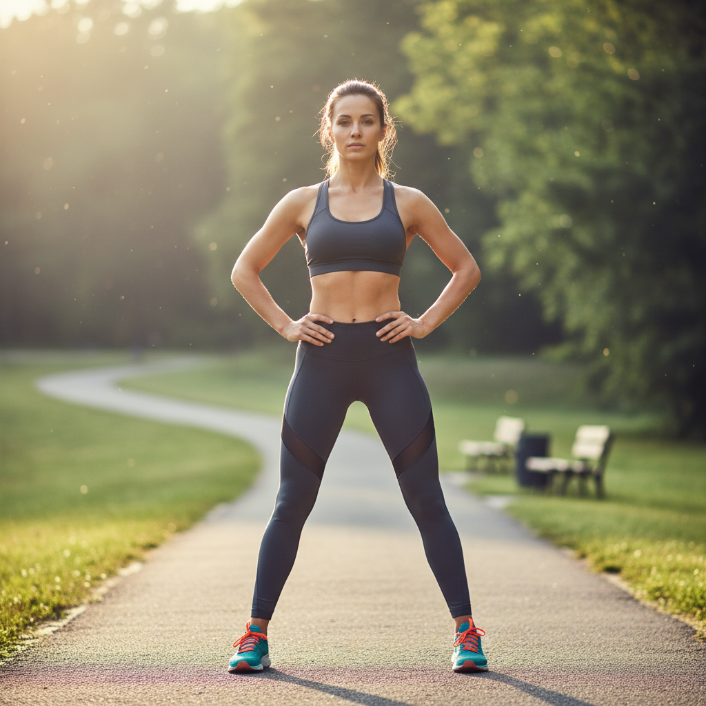 Fit woman in warrior pose during an energetic outdoor yoga session at sunrise