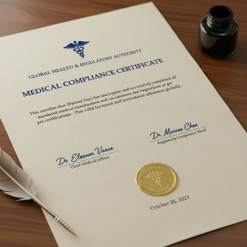 Medical compliance certificate with blue institutional header and official signatures