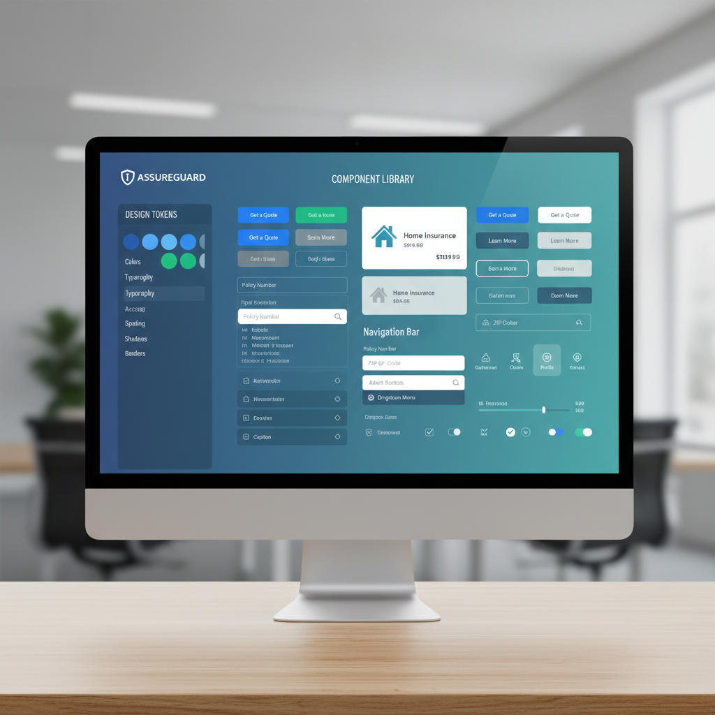 Insurance carrier brand system design tokens and component library on screen