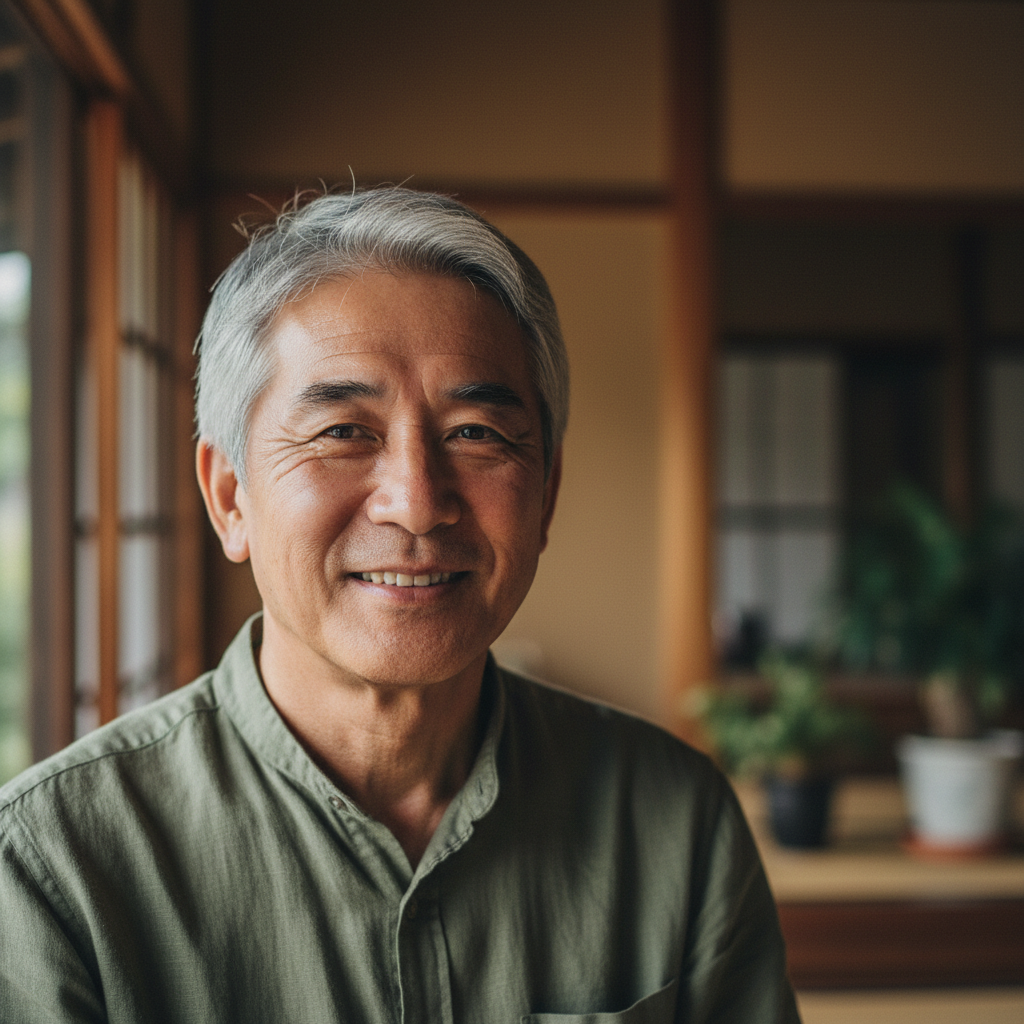 Japanese man in his 60s with gentle expression