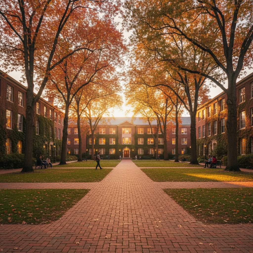 A sunlit campus quad with oak trees in early October, brick paths, and warm lamplight from seminar room windows