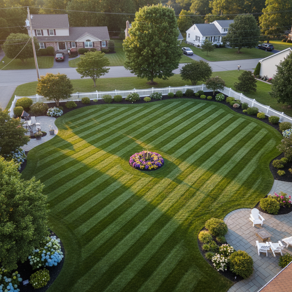 Aerial view of a freshly striped residential lawn at golden hour with a branded truck in the driveway