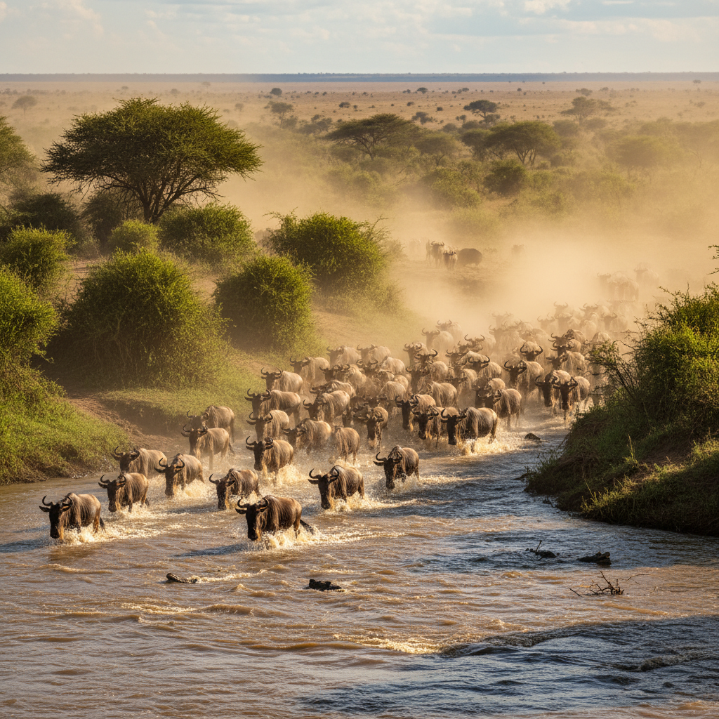 Massive wildebeest migration crossing the Mara River with crocodiles and dust clouds