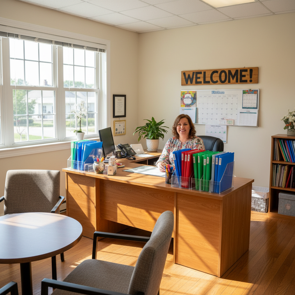 Well-organized school office with a smiling staff member at a desk surrounded by binders and a welcome sign