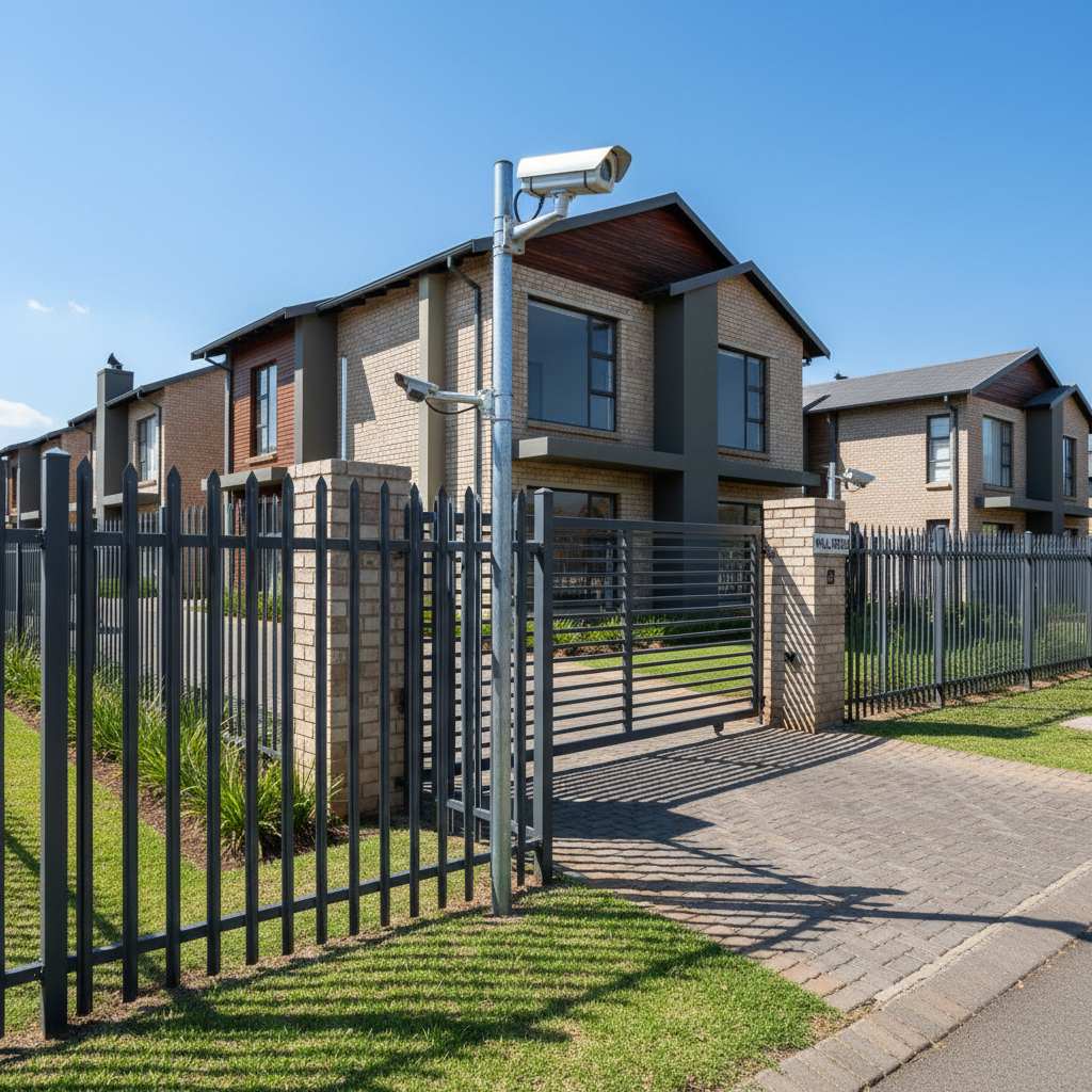 Kenyan gated residential estate with electric fence, CCTV cameras on poles, security guard at entrance, Nairobi skyline background