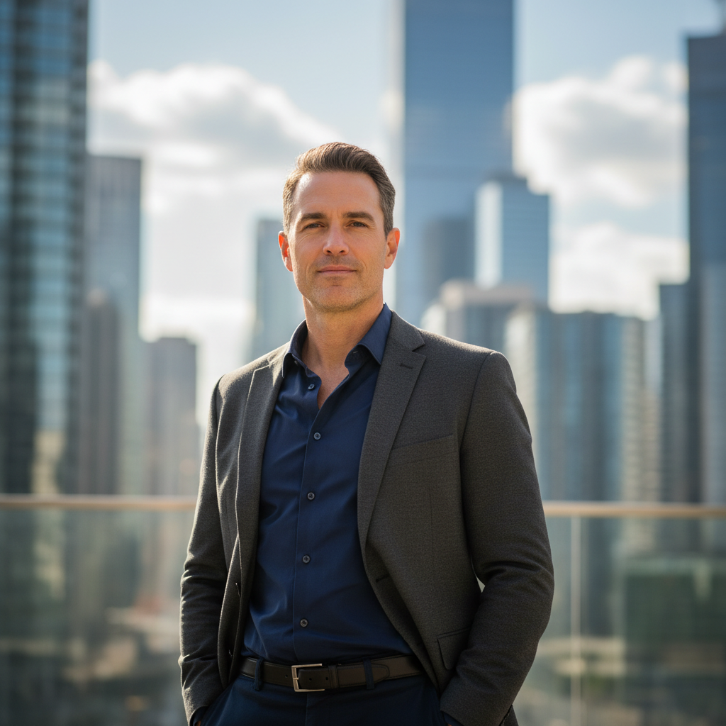 Executive man, urban backdrop, casual professional attire