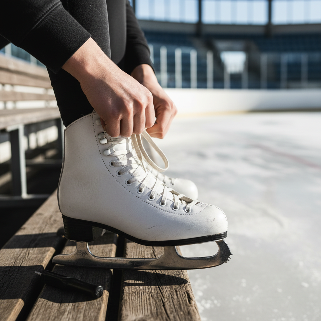 Skater lacing up white figure skates on a bench beside the rink, ritual pre-performance