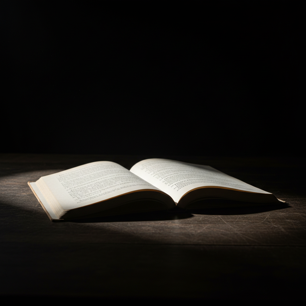 Open script on dark desk with dramatic side lighting, deep shadows, black background