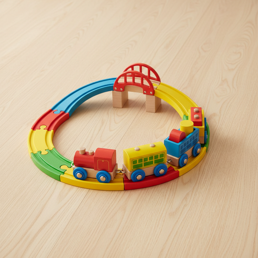 Classic wooden toy train set with tracks bridges and tunnels