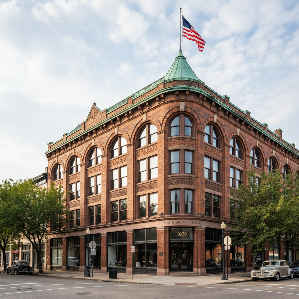 Landmarked commercial building at 1620 N Milwaukee Avenue with restored Flemish bond brickwork