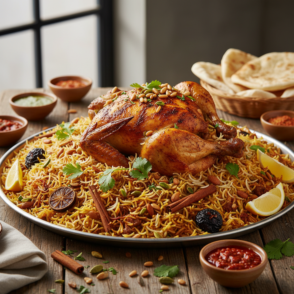 Whole slow-cooked chicken mandi served on a large platter of fragrant saffron rice with garnishes