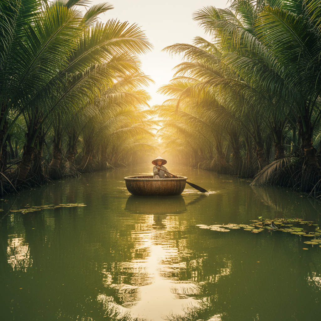 Sampan boats on the Mekong Delta floating market Vietnam