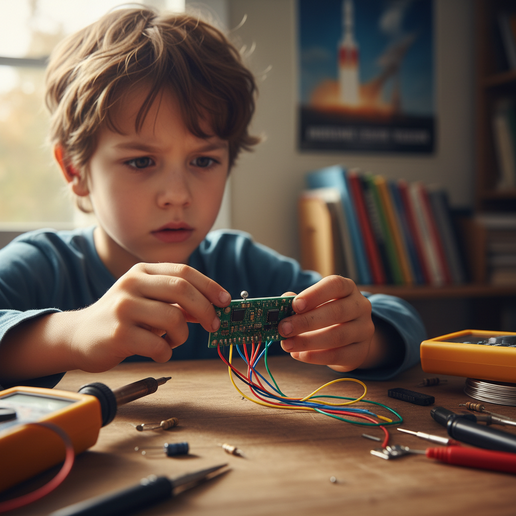 Child holding electronic components spread on a table with colorful wires