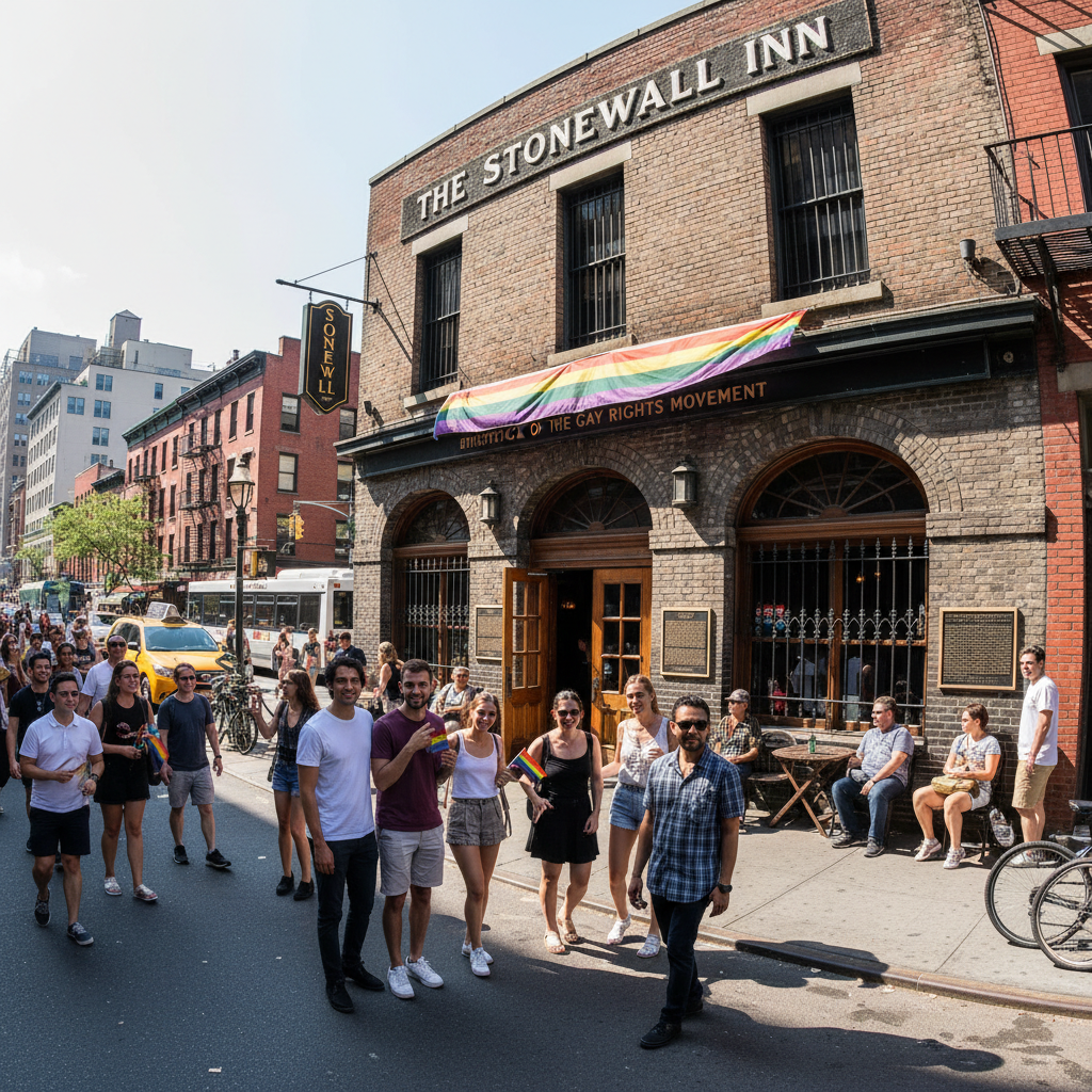 Historic Stonewall Inn bar in Greenwich Village New York City birthplace of LGBTQ+ rights movement