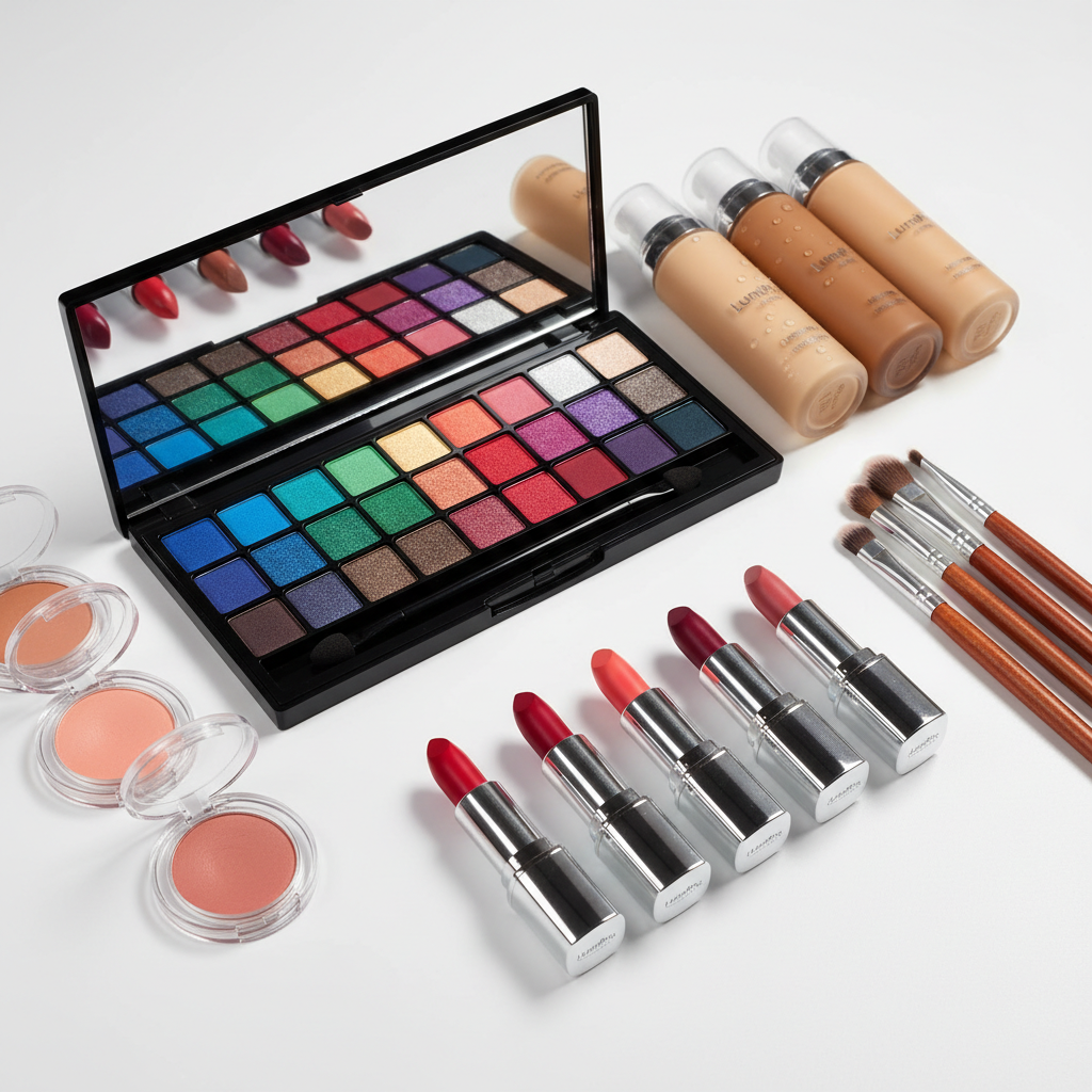 Colorful makeup palette and brushes on white background, bright studio lighting