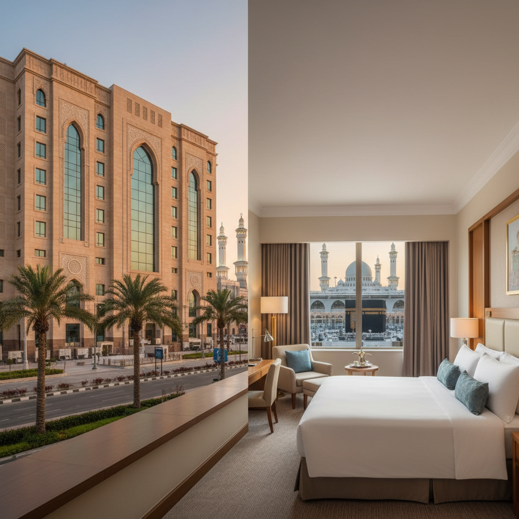 Kamar hotel mewah dengan pemandangan Ka'bah dari jendela kaca besar