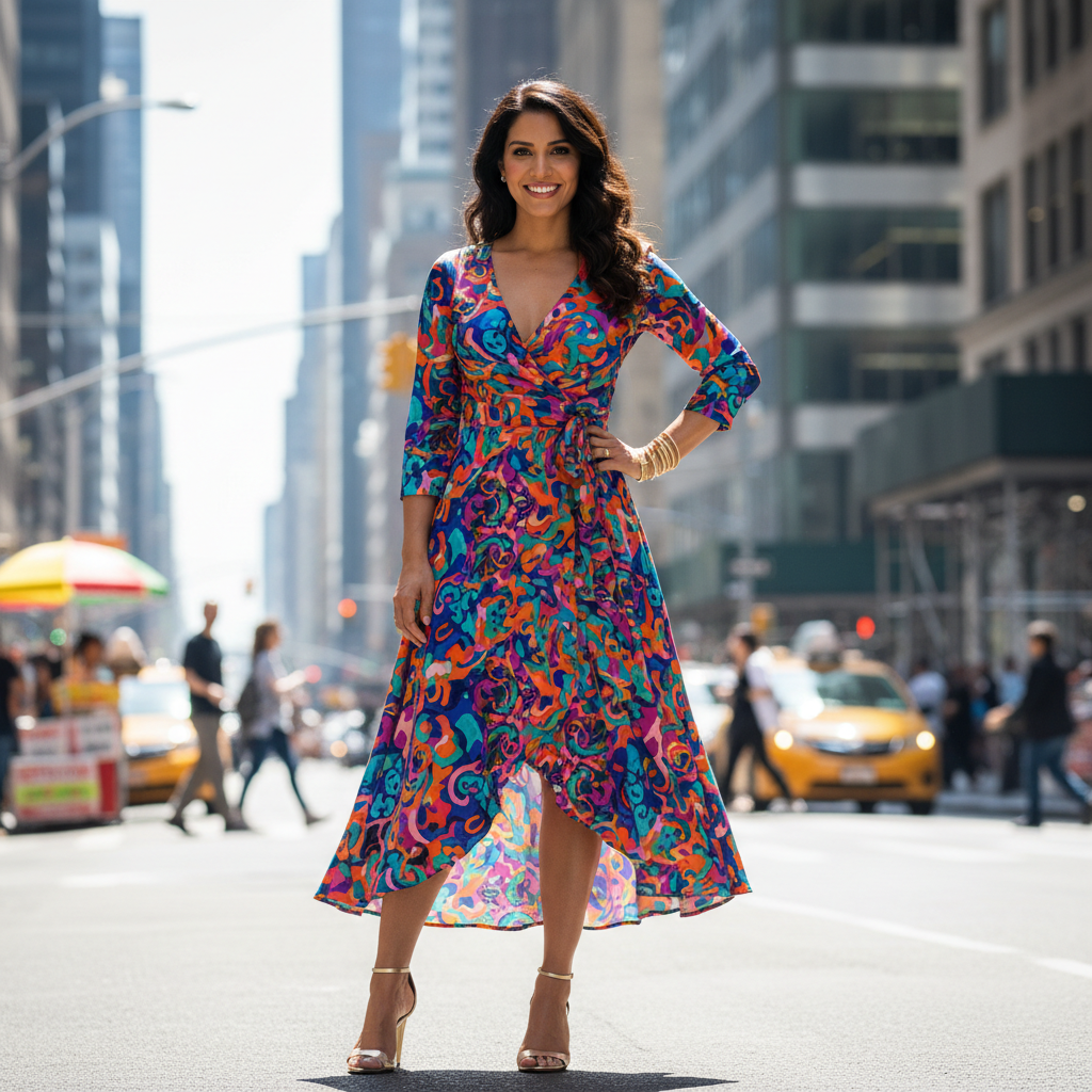 Customer photo showing floral wrap dress worn outdoors, bright sunny day