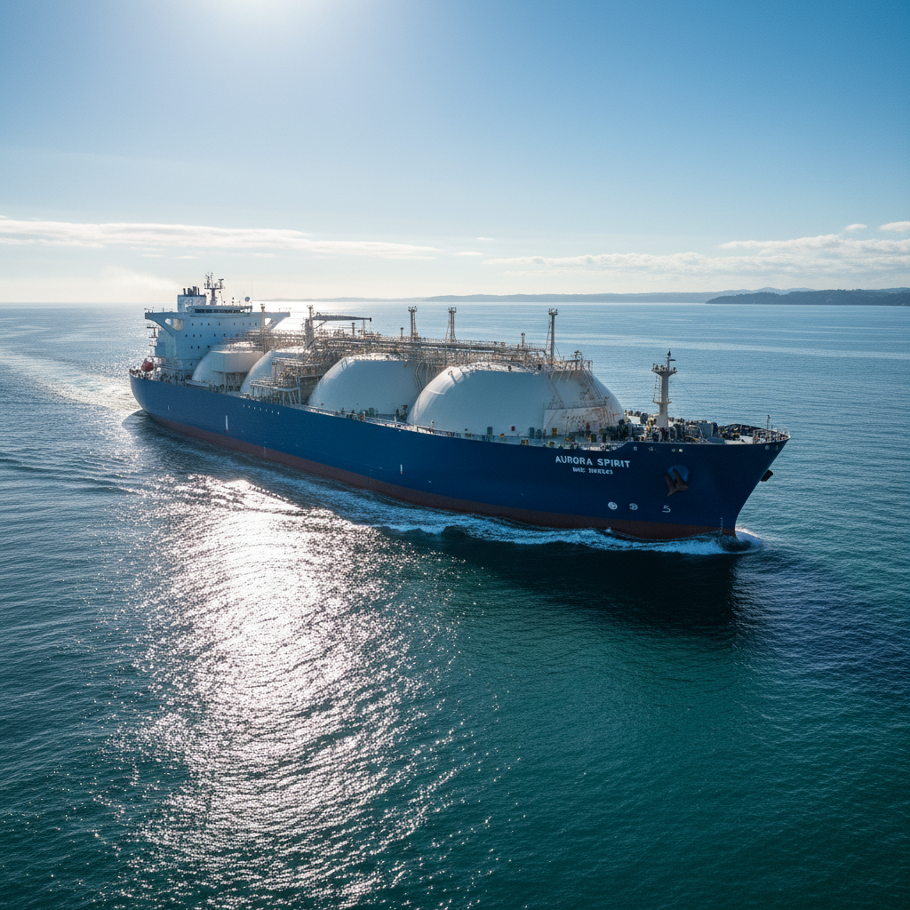 CS Glacier LNG carrier with spherical Moss tanks at sea, new LNG vessel delivery