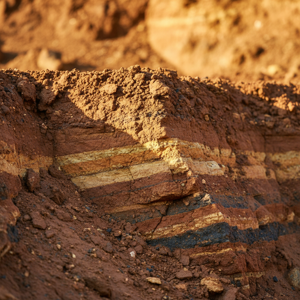 Close-up of raw terracotta clay being extracted from an open quarry face, rich ochre and brown tones with visible mineral layers