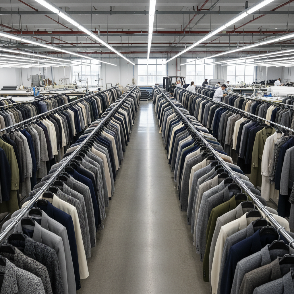 Assorted uniform apparel hanging on racks in a bright clothing production facility