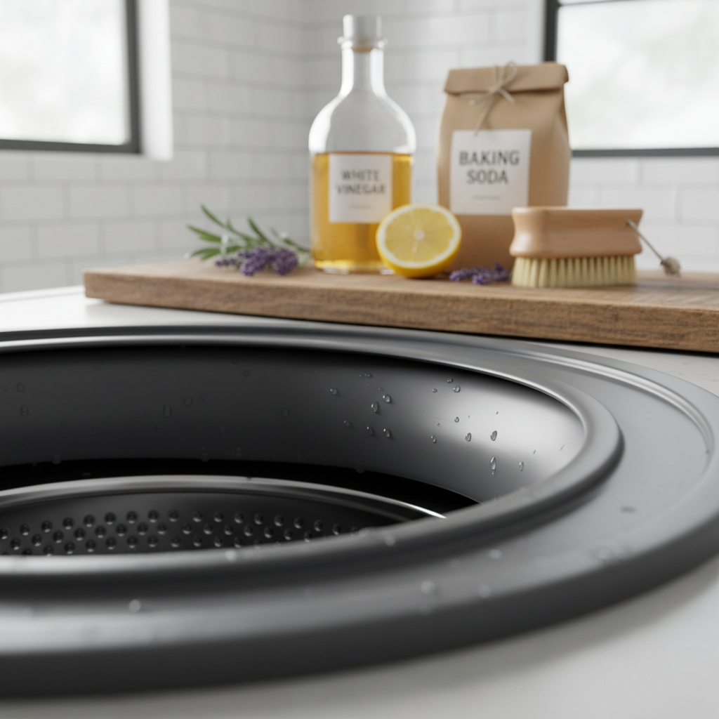 Gleaming clean washer drum gasket after deep cleaning with a row of natural cleaning supplies on a wooden shelf beside it