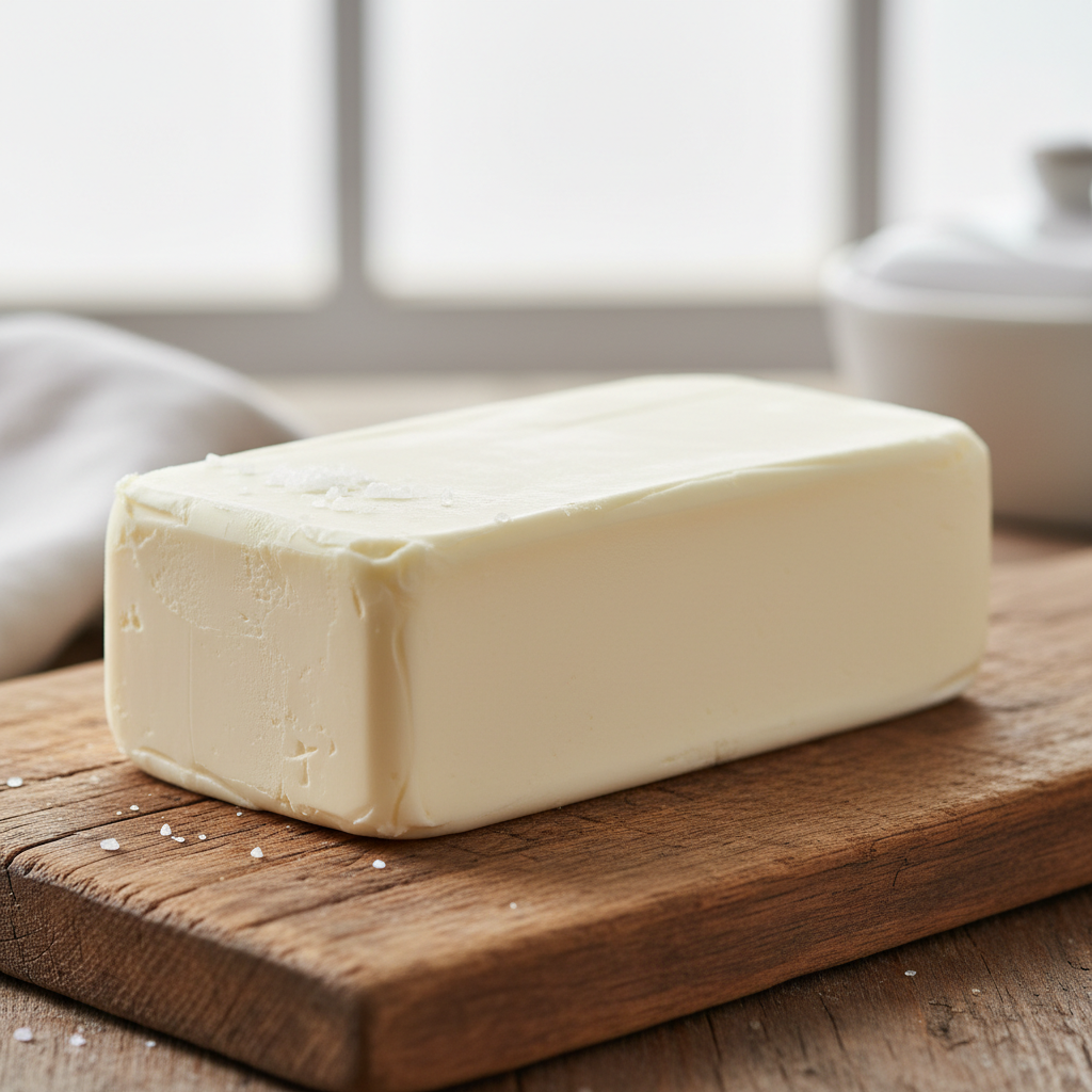 Fresh homemade desi butter on dark slate, soft yellow butter with natural texture, artisan dairy photography