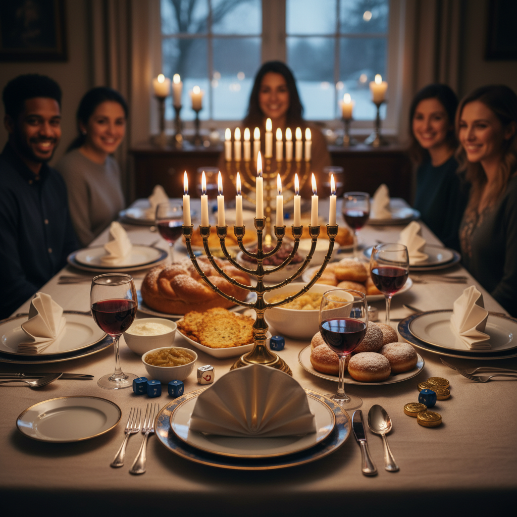 Warm candlelit dining table set for a Hanukkah family dinner with brass menorah centerpiece