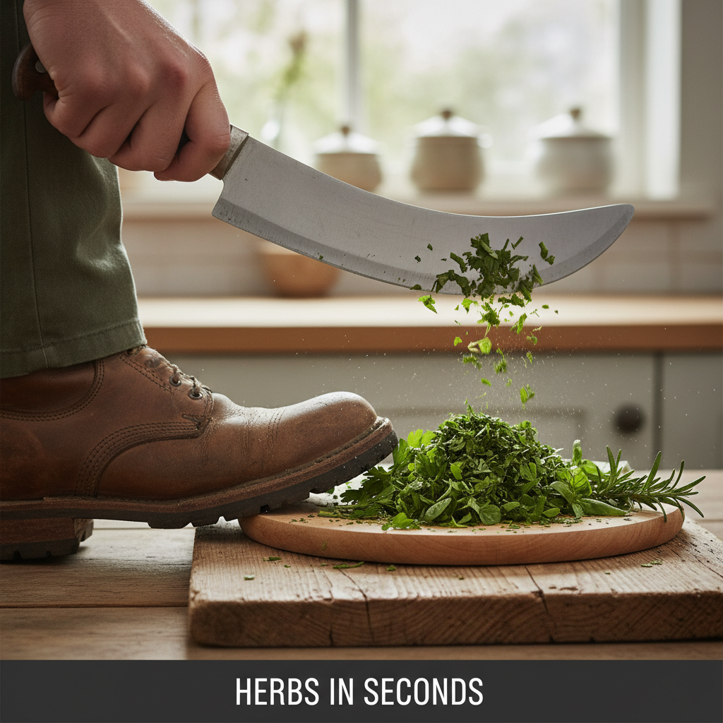Technique preview: The Knife Rock — Heel down, tip on the board — herbs in seconds.