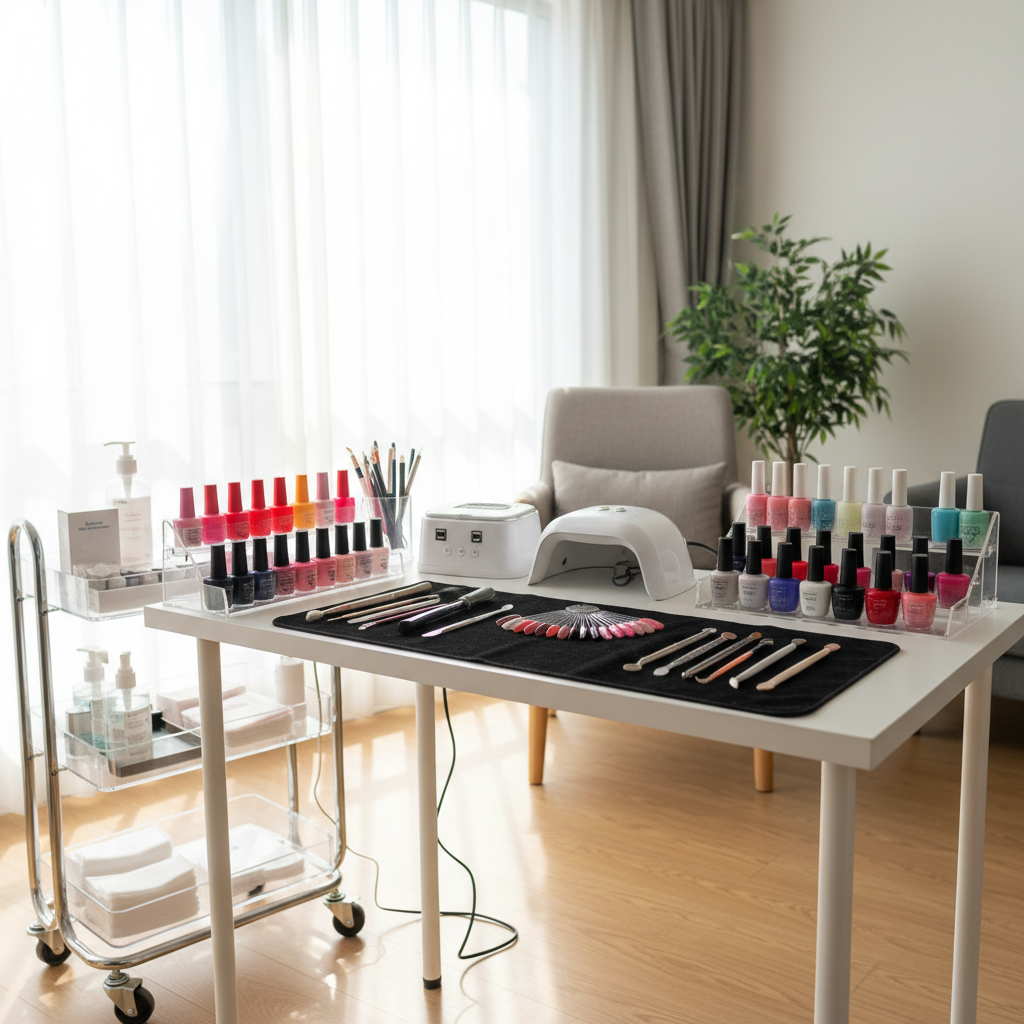 Mobile nail technician setup at home with nail tools arranged on a table, cozy home environment