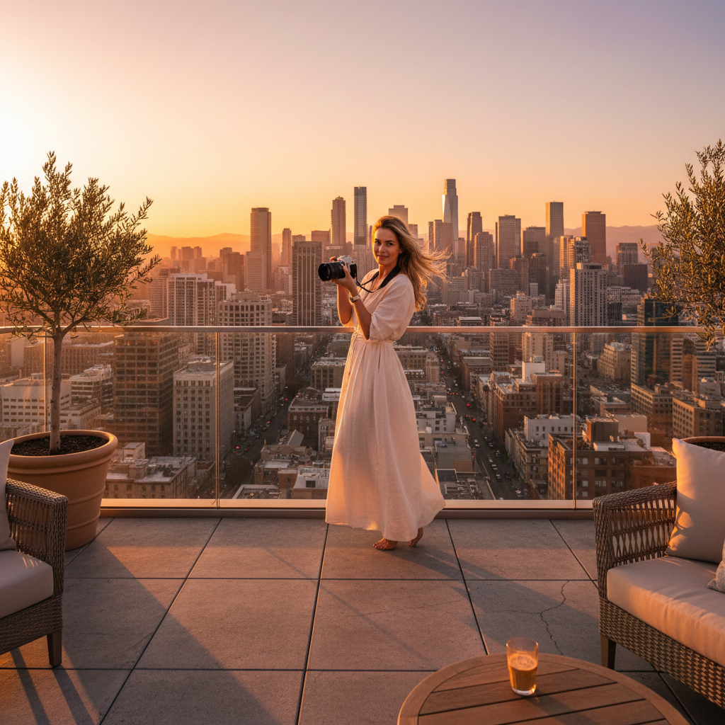 Influencer reel thumbnail showing penthouse terrace at sunset with creator holding camera