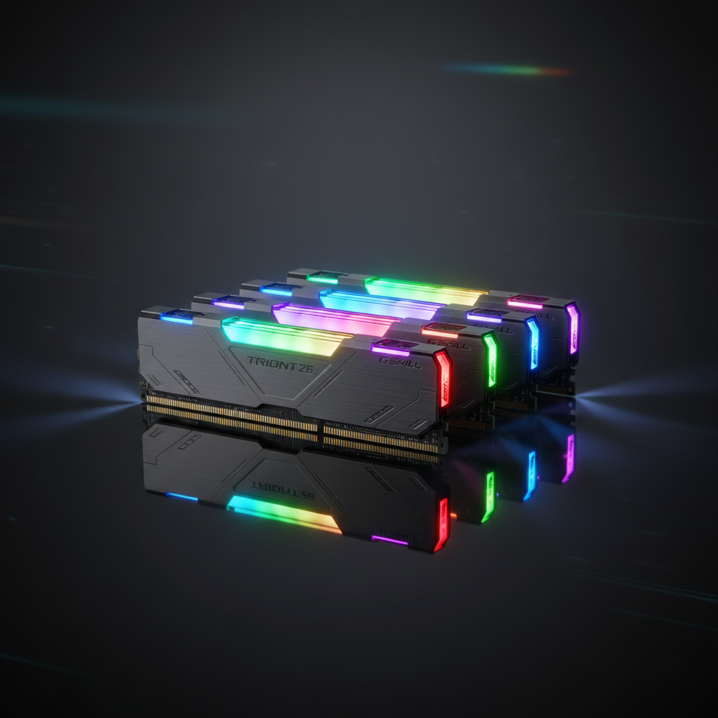 G.Skill Trident Z5 RGB RAM sticks on dark background with white RGB lighting