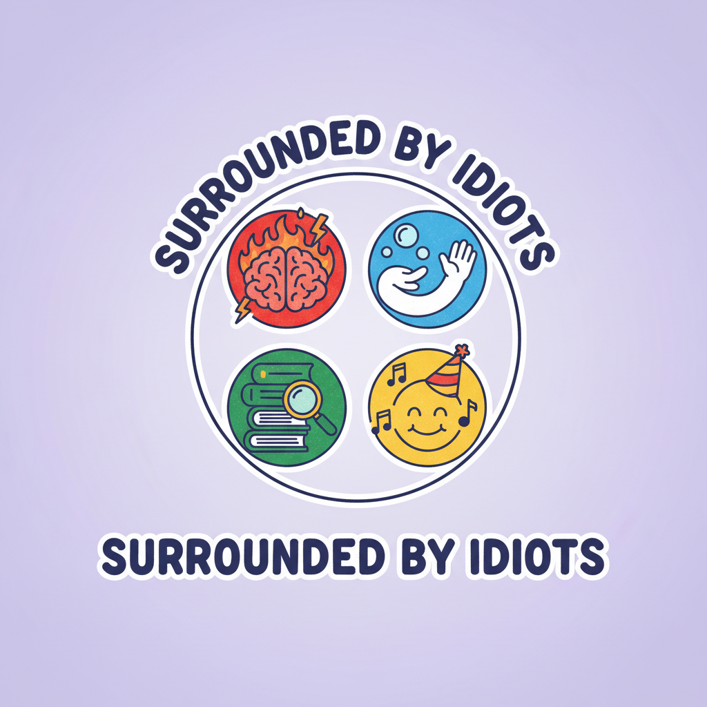 Surrounded by Idiots cover showing four colorful personality type icons