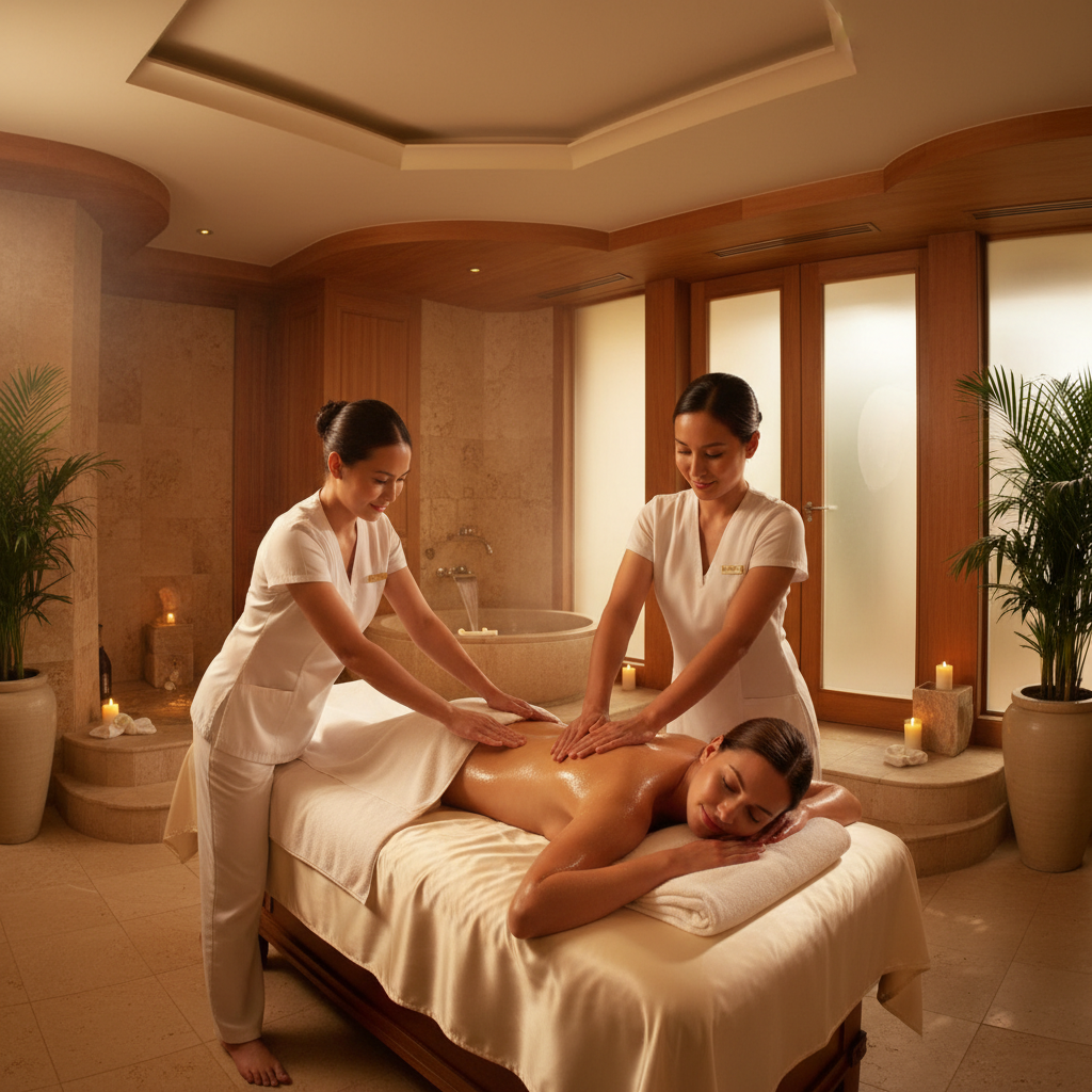 Two therapists performing synchronized four-hands massage on a client
