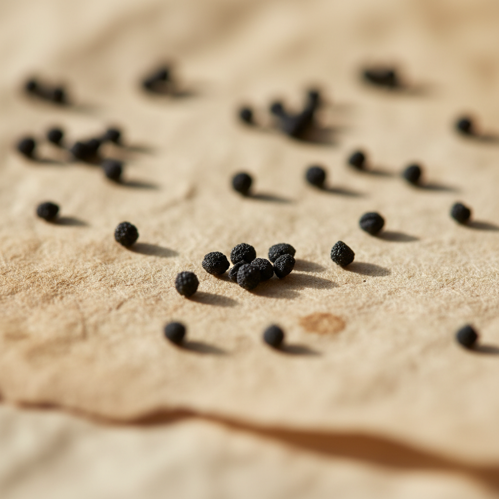 Small black nigella seeds scattered on aged parchment paper
